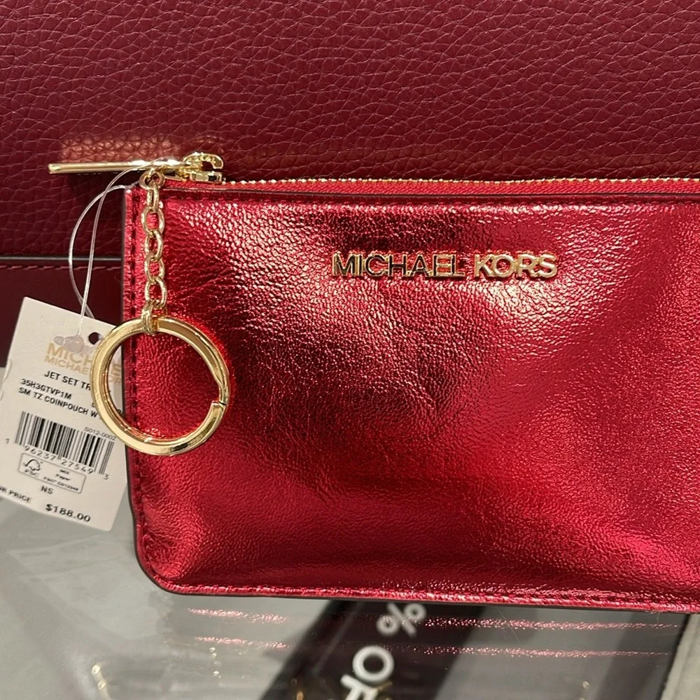 MICHAEL KORS Jet Set Travel Small Top Zip Coin Pouch With ID Keychain Crimson
